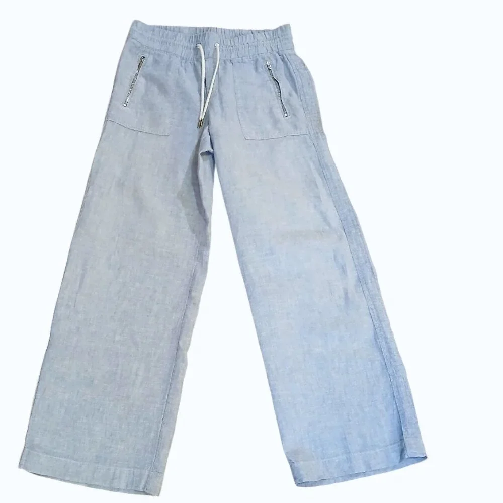 Athleta Cabo 100% Linen Wide Leg Pant Pale Blue Pockets Comfort -Like New - Picture 2 of 9